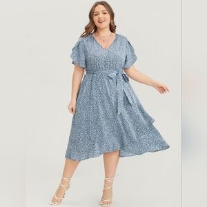 Polka Dot Split Sleeve Ruffle Pocket Asymmetrical Hem Dress